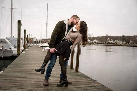 Soft-focus portrait of the couple with the shipyard textures in the soft winter light.
Vanessa Trettel Photography
engagement photo at Mystic CT'