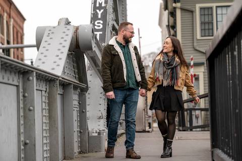 Kenneth whispering to Amelia on the bridge, capturing a candid, emotional engagement moment.
Vanessa Trettel Photography
engagement photo at Mystic CT'