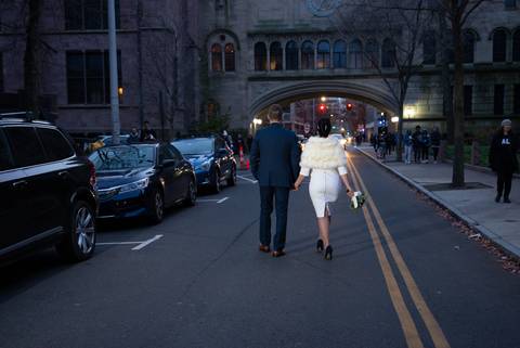  wedding Hartford Connecticut groom and bride walk in the street'