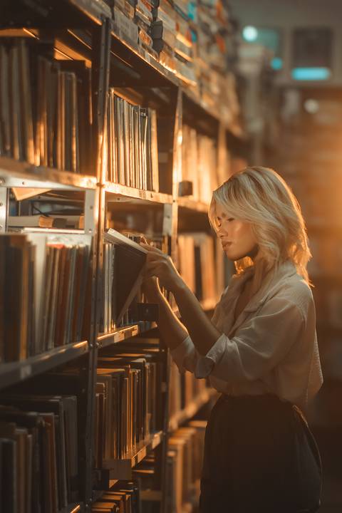 Ensaio fotografico na biblioteca e livraria com livros'