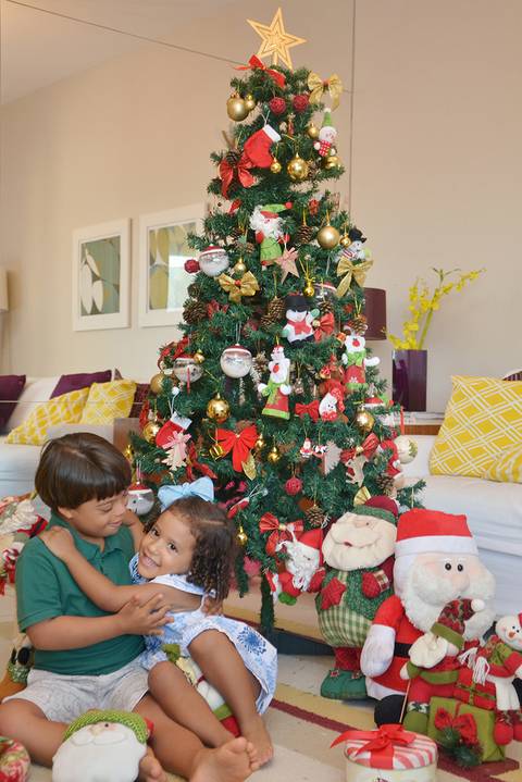 Sessão de fotos montando a árvore de Natal em sua casa'