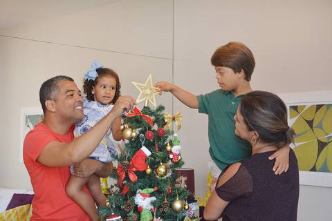Sessão de fotos montando a árvore de Natal em sua casa'