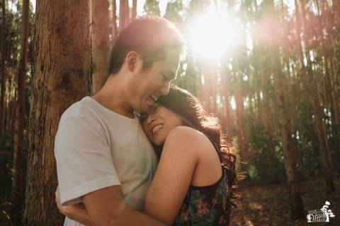 Ensaio pré-wedding no campo, na floresta de eucaliptos'