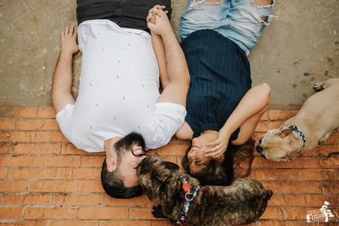Ensaio fotográfico pré-wedding de casal com cachorros no Donna Ninpha, em Maringá/PR'
