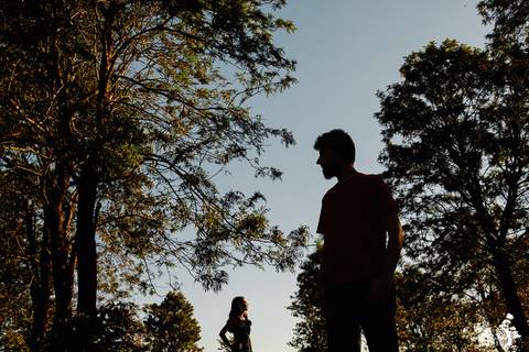 foto criativa de casal em ensaio pré casamento, pré-wedding, no meio de uma plantação de eucaliptos'