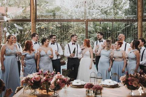 noivos brindando depois do casamento, cercados de padrinhos e madrinhas, na paleta de cor azul'
