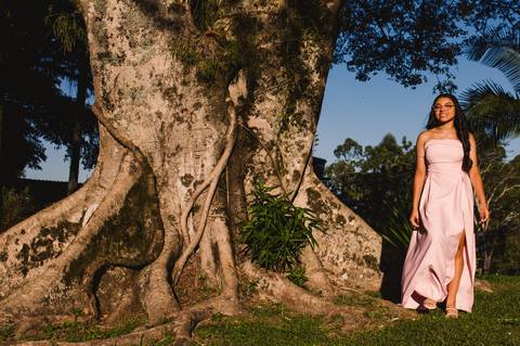 Ensaio de 15 anos, menina caminhando ao lado da figueira com vestido rosa'