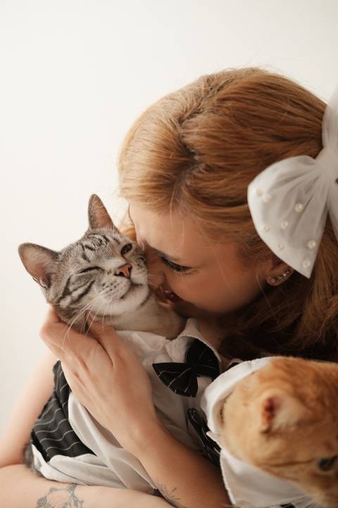 uma proposta descontraída e cheia Fotografia pré-wedding que revela a essência do casal e seu amor pelos animais.
Ensaio de noivos com gatos em '
