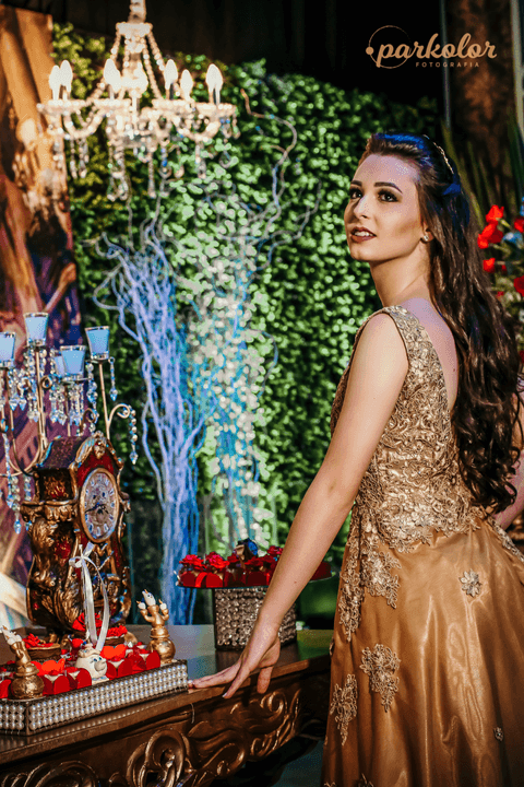 Parkolor fotografias
Gravataí, Glorinha, Santo Antônio
15 anos, debutante foto de meio rosto com braço na decoração de costa para a fotografa e a filmagem
salão '