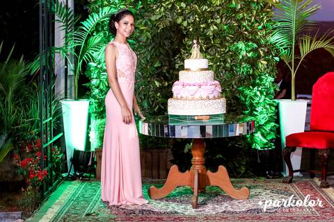 bolo 15 anos,vestido longo rose liso, Glorinha-RS foto parkolor '