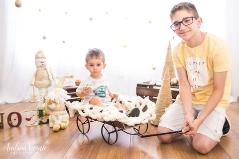 criança no carrinho com o seu irmão. mini ensaio natal fotografia'