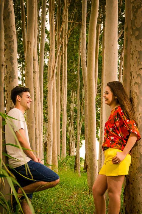 Foto do casal de noivos de frente um para o outro se olhando com ternura e sorrindo em meio a uma plantação de eucaliptos em Maringa, PR'