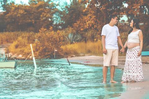 Fotografia de Gestante na Ilha do Frade,  em Vitória,  feita pelo Estúdio JAMC'