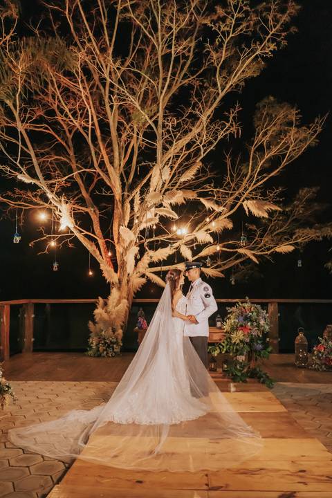 fotos dos noivos decoração russtica na arvore a noite'