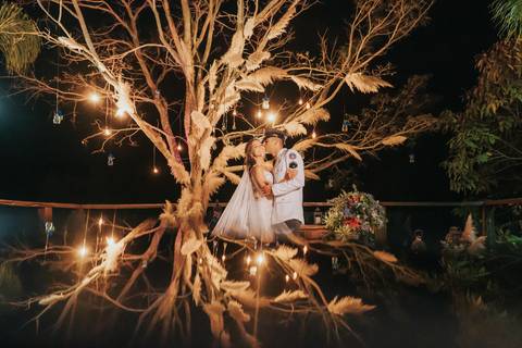 fotos dos noivos decoração russtica na arvore a noite'