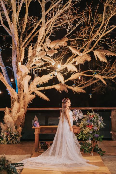 fotos dos noivos decoração russtica na arvore a noite'