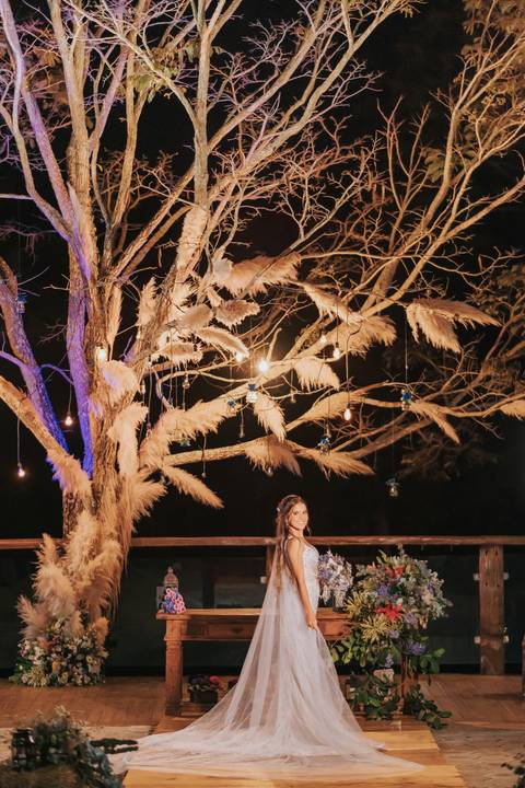 fotos dos noivos decoração russtica na arvore a noite'