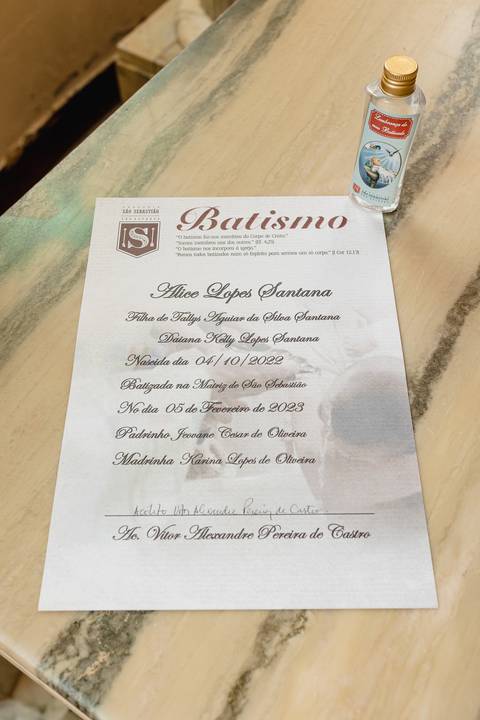 Certidão do Batismo da Alice realizado em São Gotardo-MG'