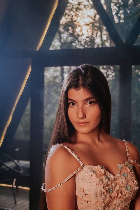 fotos realizadas pela fotógrafa thais augusto Debutante na cabana Naturhaus em são paulo em embu das artes, ensaio editorial de moda luzes do entardecer e fumaça, iluminação cênica vestido vogue, video com galileu gonzales filmes e maquiagem joão carvalho'