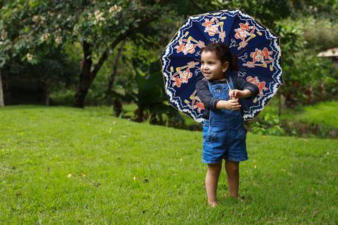 Menina posa no gramado do jardim com o guarda chuva infantil, decorado com personagens, de frente para câmera'