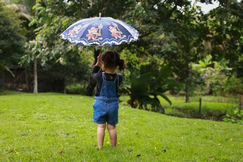 Menina posa no gramado do jardim com o guarda chuva infantil, decorado com personagens. Está de costas para câmera, brincando com guarda chuva'