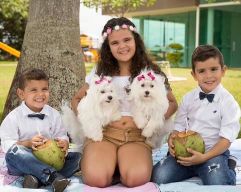 Os três irmãos juntos no picnic com as duas maltês da família'