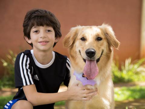A pet Golden Nanny posa para fotografia com seu irmão humano mais velho'