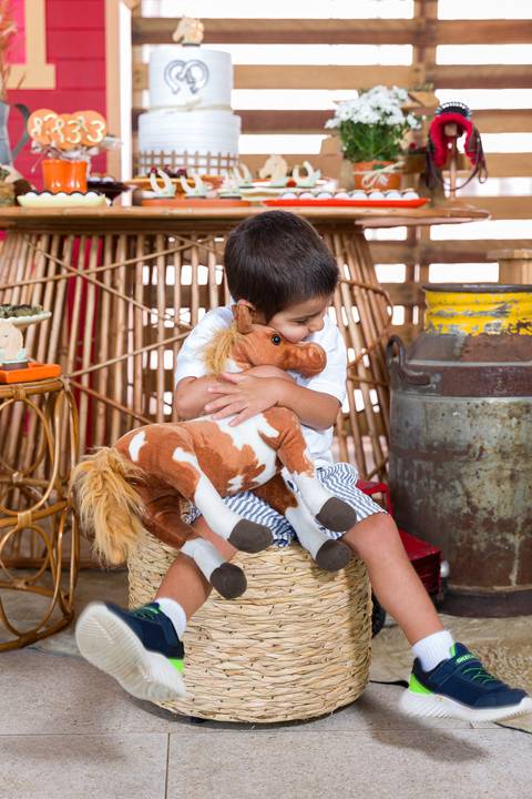 Vicenzo brincando com seu cavalinho de pelúcia durante festa de aniversário infantil'