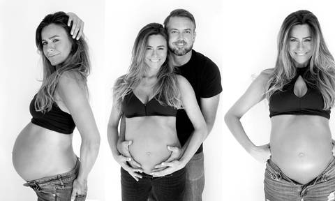 ensaio fotográfico de casal, mulher grávida, fotografia P&B.'