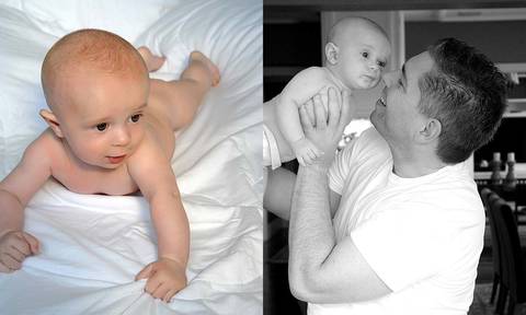 Bebê em ensaio fotográfico com o pai.'