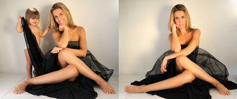 mulher loira com vestido preto'