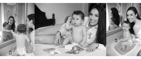 Mamãe e bebê em ensaio fotográfico.'