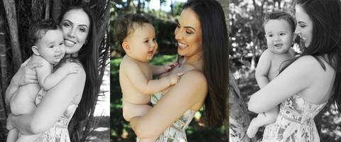 Ensaio fotográfico de mãe com filho, com fotos também em p&b.'