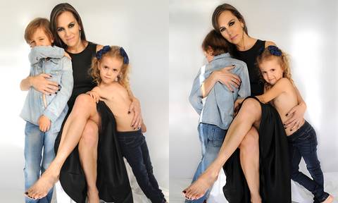 mulher com vestido preto, ensaio fotográfico com os filhos'