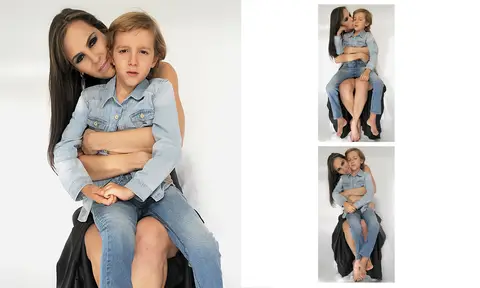 mulher vestido preto, ensaio fotográfico com o filho.'