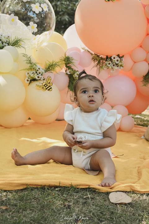 Ensaio de Acompanhamento de bebê. Evelyn Moura Fotografia. Fotógrafa em Niterói, Rio de Janeiro. Newborn. Festa infantil - Smash the cake - Smash the fruit - bebê - ensaio de 1 ano - viral - tema margarida - tema abelhinha '