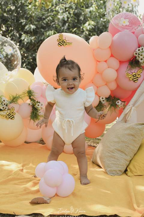 Ensaio de Acompanhamento de bebê. Evelyn Moura Fotografia. Fotógrafa em Niterói, Rio de Janeiro. Newborn. Festa infantil - Smash the cake - Smash the fruit - bebê - ensaio de 1 ano - viral - tema margarida - tema abelhinha '