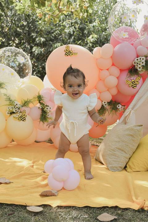 Ensaio de Acompanhamento de bebê. Evelyn Moura Fotografia. Fotógrafa em Niterói, Rio de Janeiro. Newborn. Festa infantil - Smash the cake - Smash the fruit - bebê - ensaio de 1 ano - viral - tema margarida - tema abelhinha '