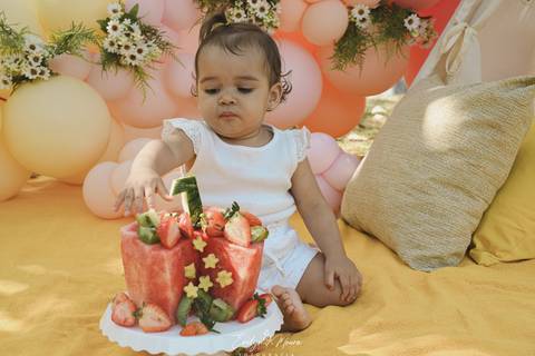 Ensaio de Acompanhamento de bebê. Evelyn Moura Fotografia. Fotógrafa em Niterói, Rio de Janeiro. Newborn. Festa infantil - Smash the cake - Smash the fruit - bebê - ensaio de 1 ano - viral - tema margarida - tema abelhinha '