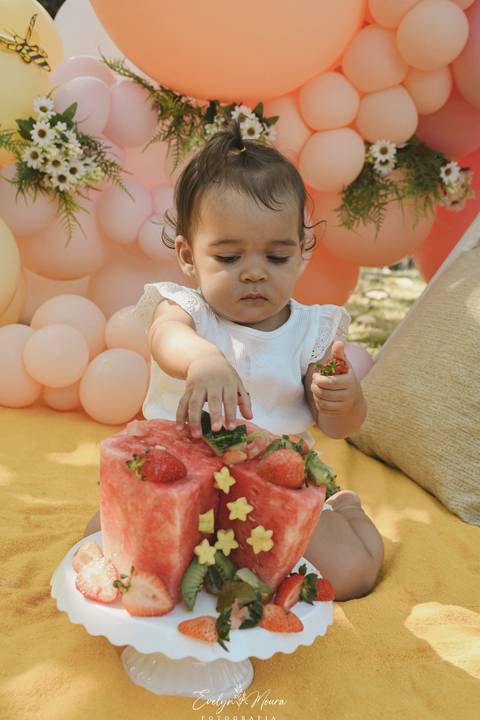 Ensaio de Acompanhamento de bebê. Evelyn Moura Fotografia. Fotógrafa em Niterói, Rio de Janeiro. Newborn. Festa infantil - Smash the cake - Smash the fruit - bebê - ensaio de 1 ano - viral - tema margarida - tema abelhinha '