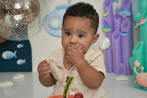 Ensaio de Acompanhamento de bebê. Evelyn Moura Fotografia. Fotógrafa em Niterói, Rio de Janeiro. Newborn. Festa infantil - Smash the cake - Smash the fruit - bebê - ensaio de 1 ano - viral - fundo do mar - festa de aniversário'