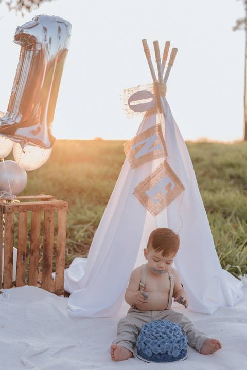 Smash the cake para menino no campo'