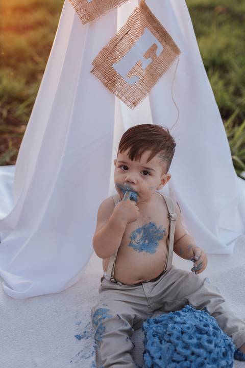 Smash the cake para menino no campo'