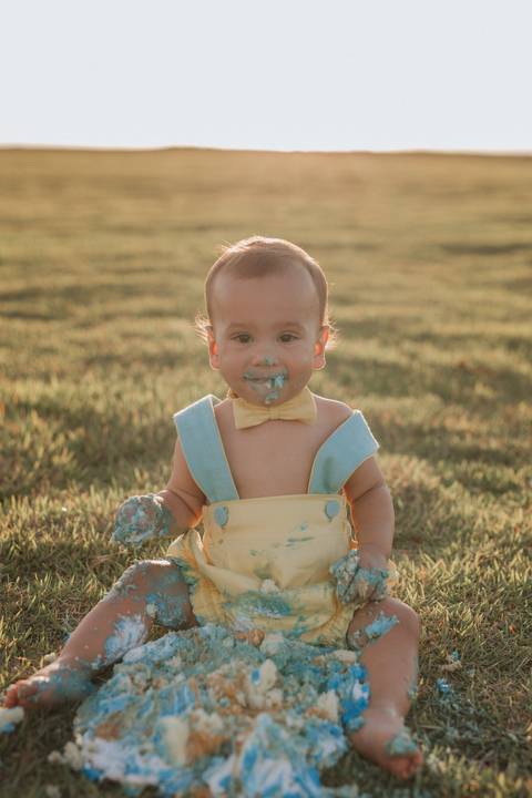 Smash the cake para menino no campo'