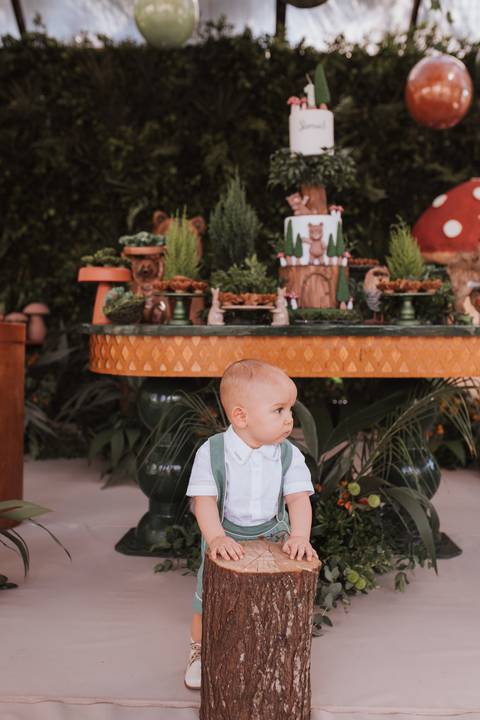 Decoração de aniversário de 1 ano com tema de bosque'
