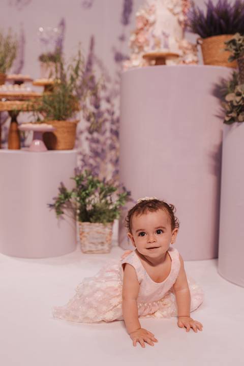 Decoração de aniversário de 1 ano com tema de lavanda'