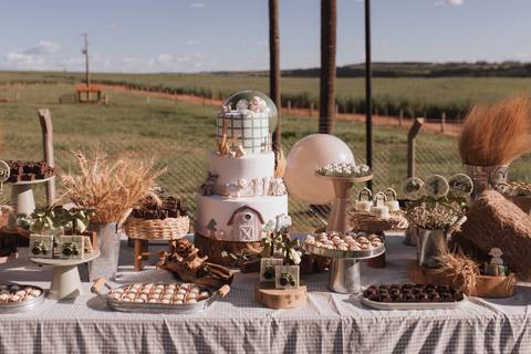 Inspiração de decoração de aniversário de 1 ano com tema de fazenda'