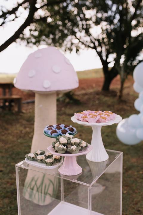 Decoração de aniversário de 1 ano com tema de jardim'
