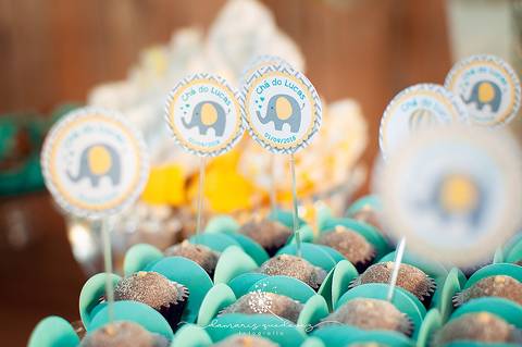 Chá de bebê do menino Lucas, lindo, estilo rústico, com o cacho de bolas desconstruído. Com o tema de elefantinho a combinação de azul, amarelo e cinza ficaram perfeitas. o chevron deu um toque especial no chá de bebê. Patrícia Monlevad e Marcos Abrantes'