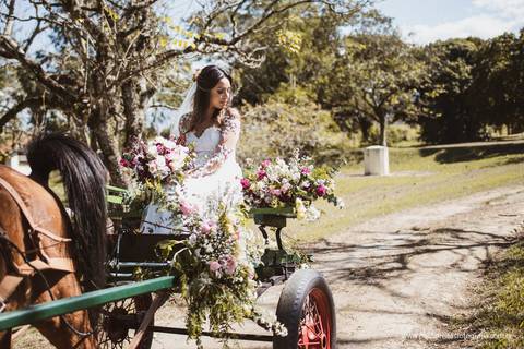 noiva chega na cerimonia do casamento de charrete'